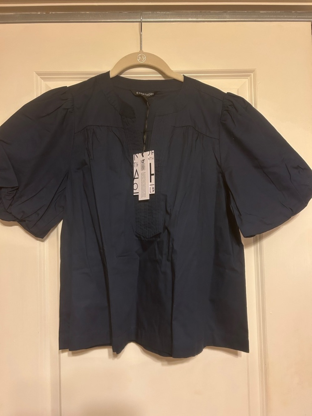 41 Hawthorn Navy Puff-Sleeve Cotton Popover Top